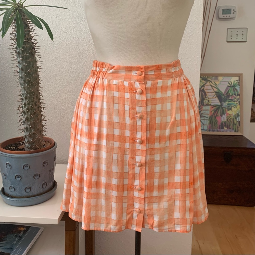 Urban Outfitters orange and white checkered and pleated button down mini skirt - Picture 1 of 8